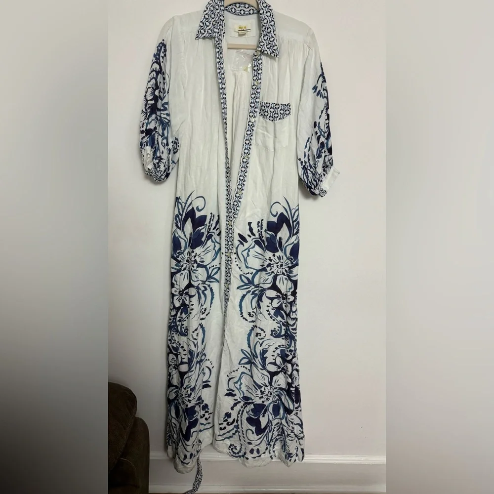 Anthropologie The Irene Linen Shirt Dress Button Front Belted Floral Blue - Picture 7 of 10